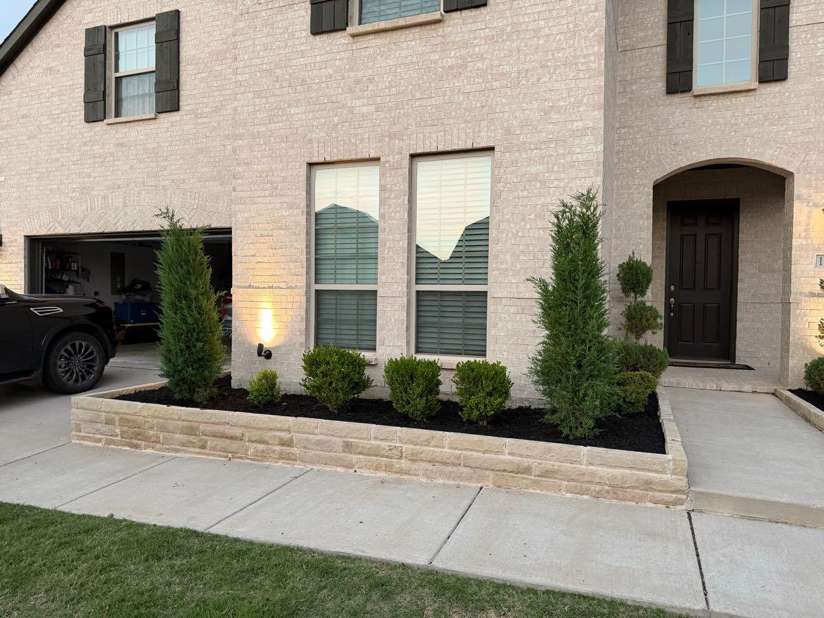 Front planter bed with boxwoods and cypress trees